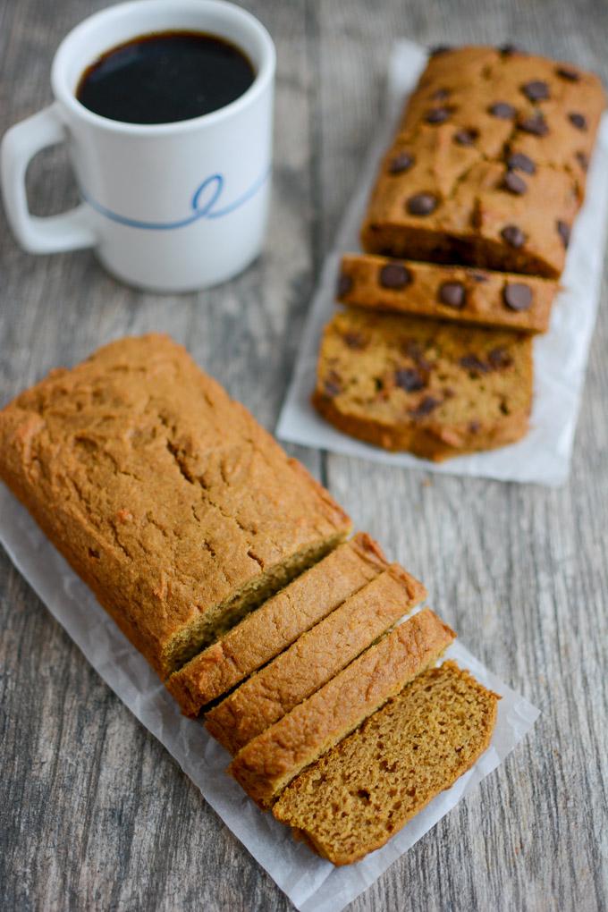 Two loaves of easy chocolate chip pumpkin bread with a cup of coffee