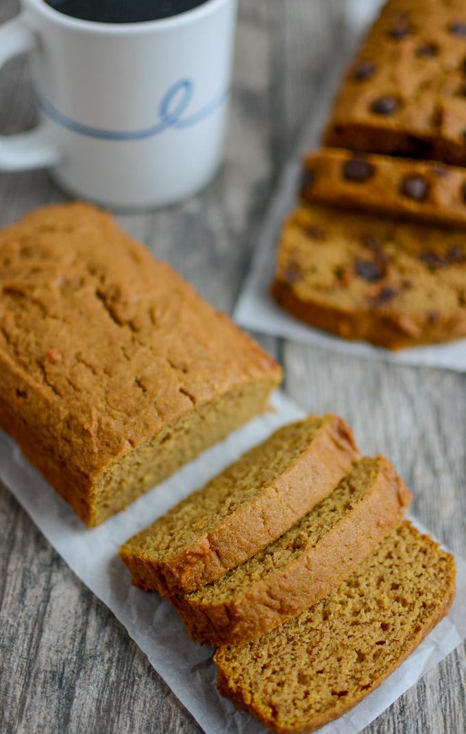 Easy Pumpkin Bread - two mini loaves, on with chocolate chips