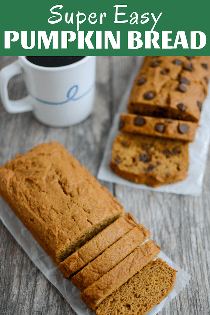 Easy Pumpkin Bread with Chocolate Chips 14 This Easy Pumpkin Bread will become your go-to quick bread recipe for fall. Just one bowl, a handful of ingredients and the perfect loaf every time. Customize with your favorite mix-ins or try baking two mini loaves and giving one for a friend!