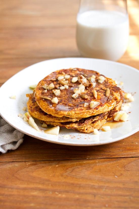 No protein powder needed in this recipe for Pumpkin Protein Pancakes! Enjoy a batch for breakfast or a snack on a busy day!