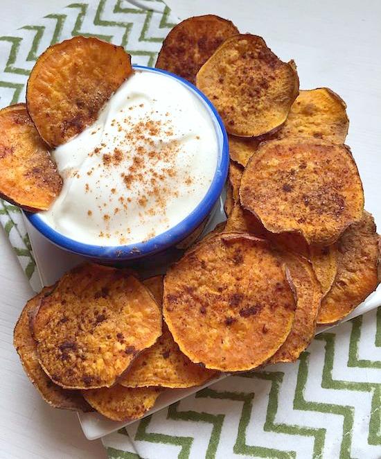 These Cinnamon and Sugar Sweet Potato Chips are easy to make and perfect for dipping into a bowl of vanilla yogurt!