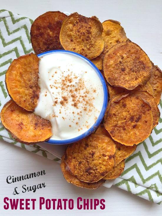 These Cinnamon and Sugar Sweet Potato Chips are easy to make and perfect for dipping into a bowl of vanilla yogurt!