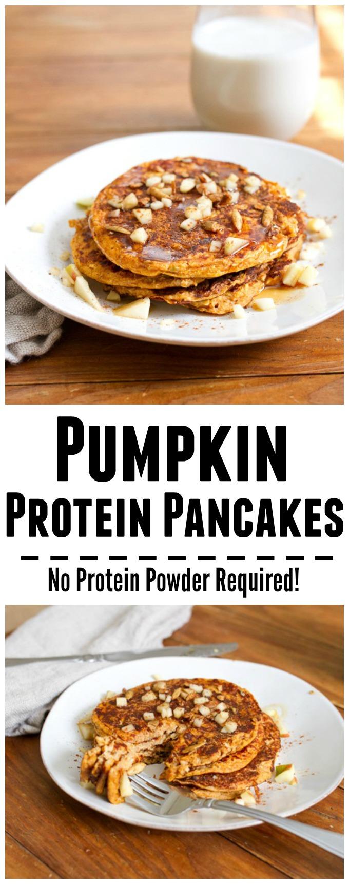 No protein powder needed in this recipe for Pumpkin Protein Pancakes! Enjoy a batch for breakfast or a snack on a busy day!