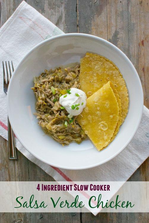 This Slow Cooker Salsa Verde Chicken requires just four ingredients. Throw everything in the crockpot before work and dinner will be waiting when you come home!