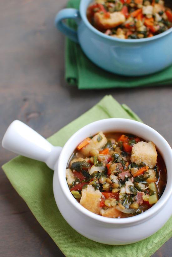 Ribollita is a bread soup packed with lentils and vegetables. It's healthy, comforting and a great way to use up stale bread.