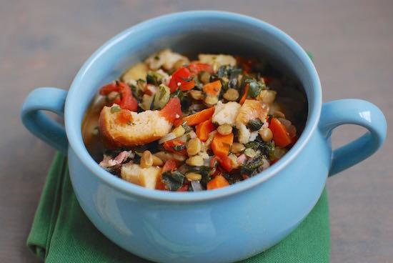 Ribollita is a bread soup packed with lentils and vegetables. It's healthy, comforting and a great way to use up stale bread.