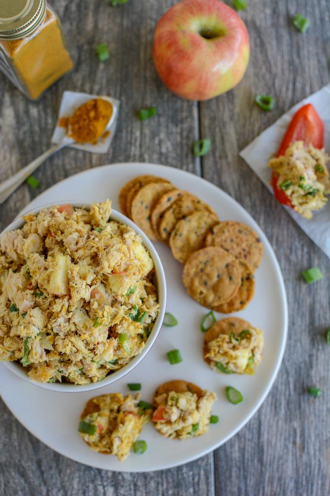 overhead shot of curried tuna salad with apples