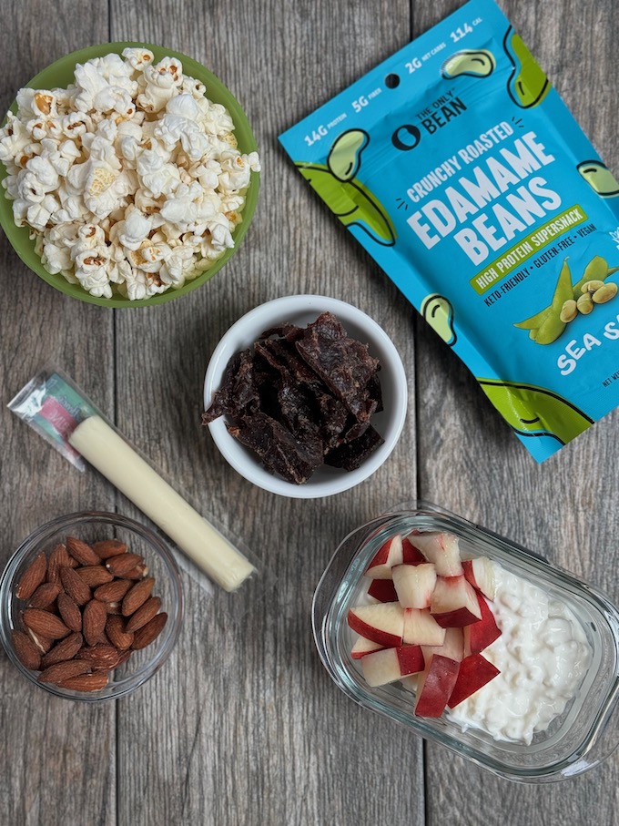 At-Work & After-Work Snacks 2 best at work snacks - popcorn, cheese, almonds, cottage cheese with fruit, jerky, edamame