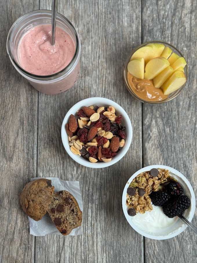 At-Work & After-Work Snacks 5 Snack Foods For Work: Mixed Nuts, Muffins, Yogurt and Granola with berries