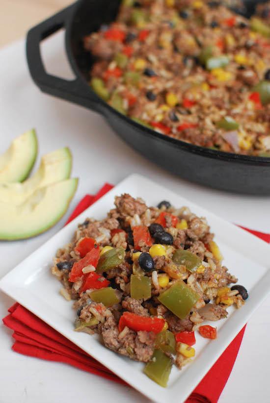 Canned food recipes that feature beans have the benefit of added fiber! This Mexican Skillet Casserole is the perfect one pan meal for a busy weeknight dinner.