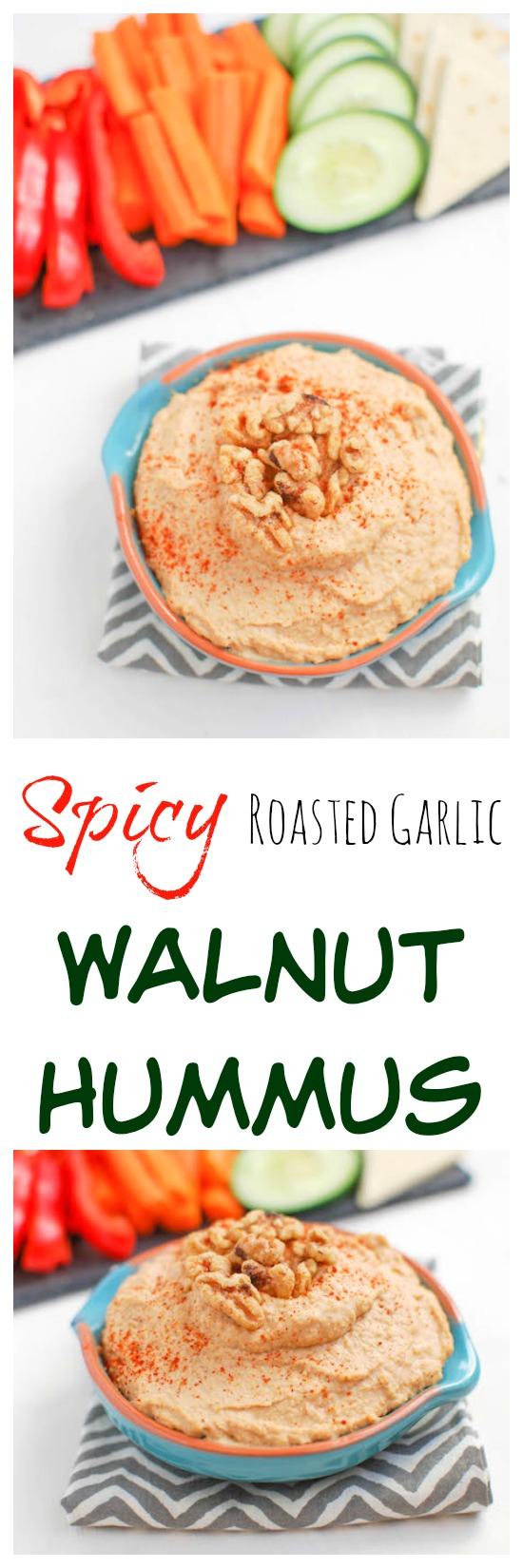 This Spicy Roasted Garlic Walnut Hummus is heart-healthy and packed with flavor. Makes the perfect snack or appetizer!