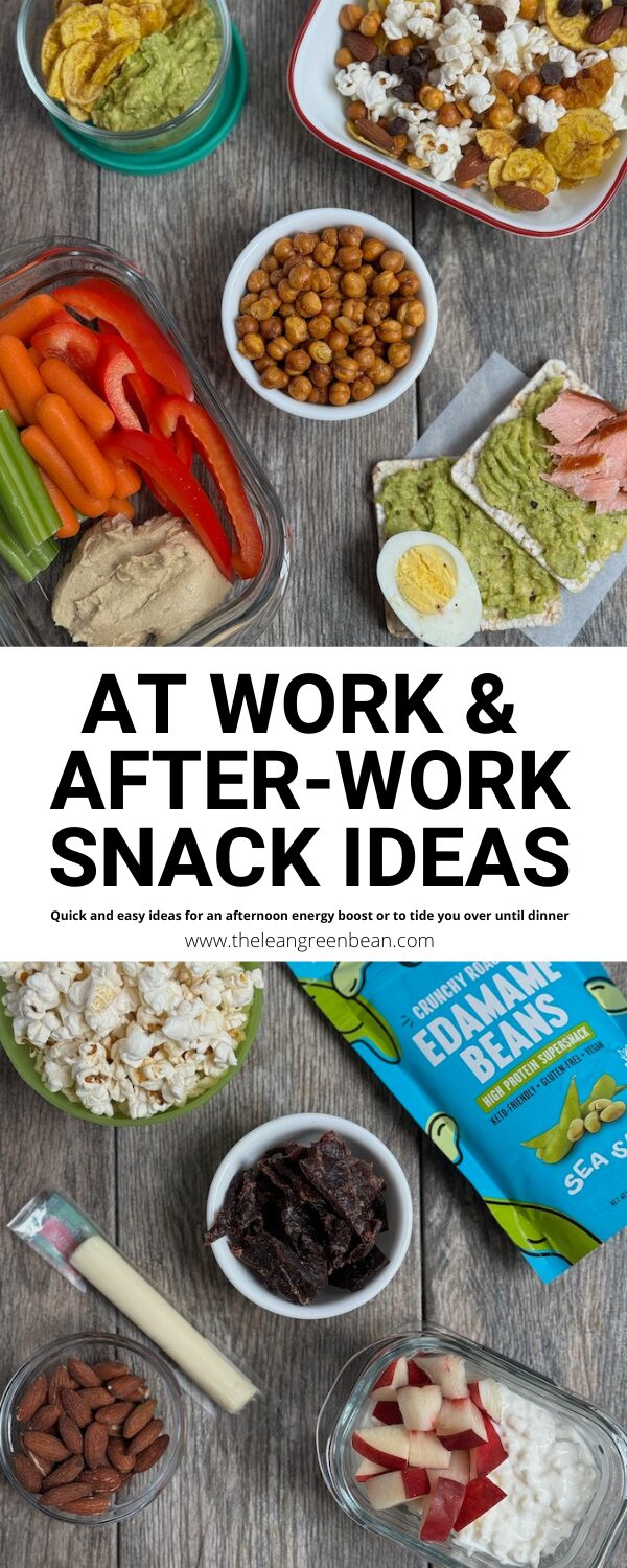 At-Work & After-Work Snacks 12 Need at-work and after-work snacks for adults? Here are some easy, healthy snack ideas that can give you a mid-afternoon energy boost or tide you over until dinner.