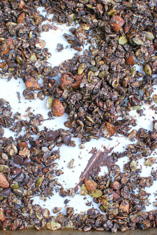 This Double Chocolate Granola is packed with nuts and seeds, tossed with coconut oil and lightly sweetened with honey.