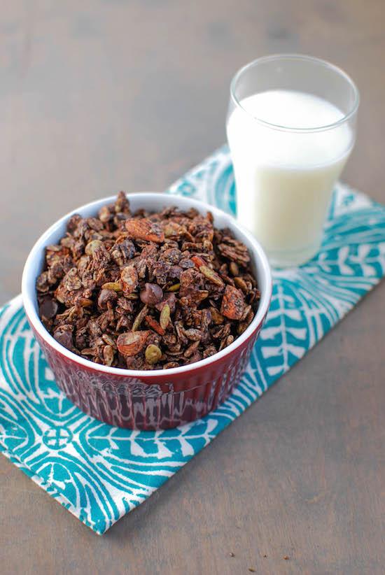 This Double Chocolate Granola is packed with nuts and seeds, tossed with coconut oil and lightly sweetened with honey. 