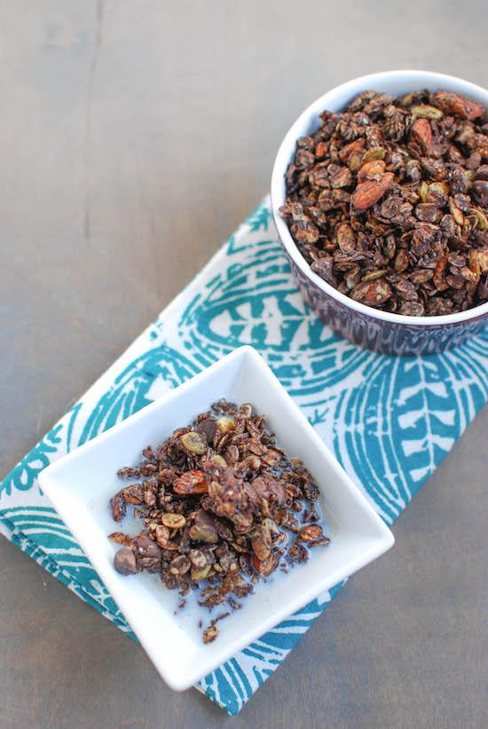 This Double Chocolate Granola is packed with nuts and seeds, tossed with coconut oil and lightly sweetened with honey. 
