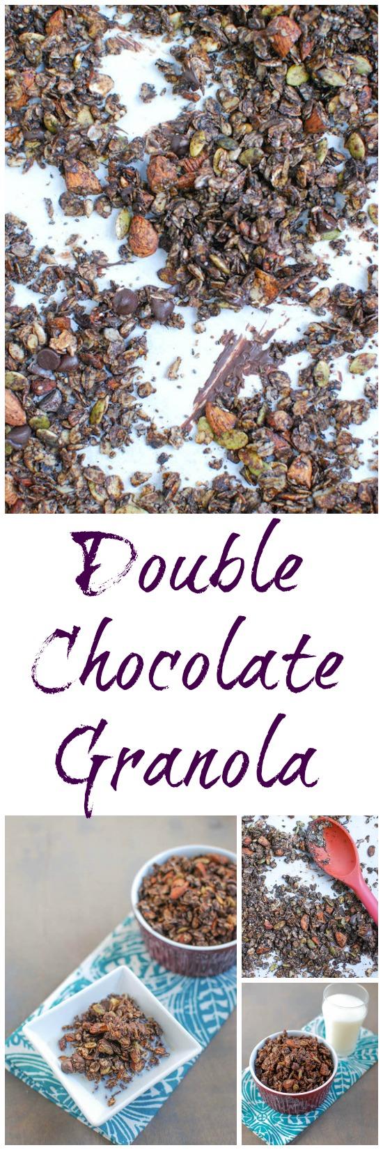 This Double Chocolate Granola is packed with nuts and seeds, tossed with coconut oil and lightly sweetened with honey. 