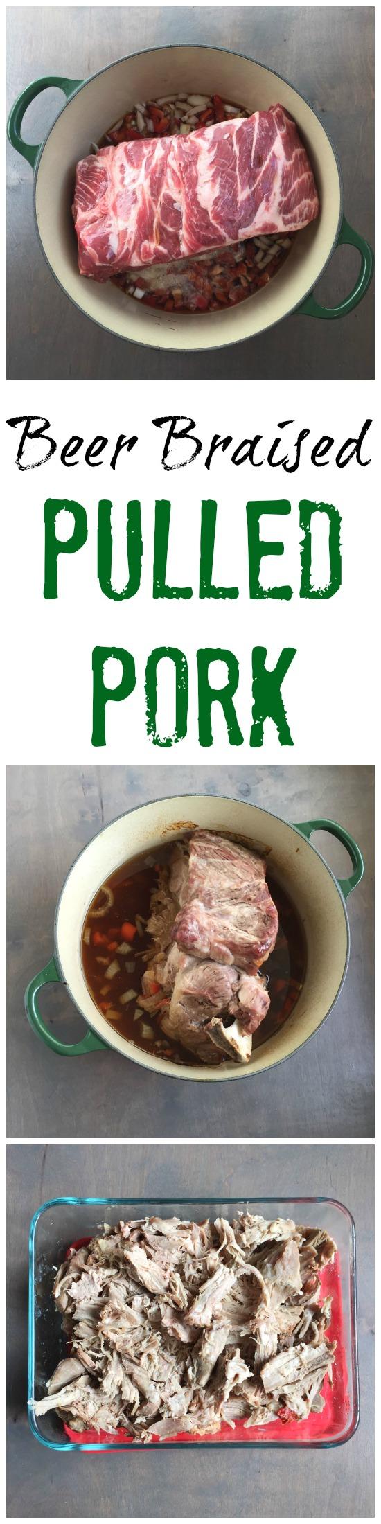 Slow cooked in the oven, this beer braised pulled pork is juicy and flavorful!