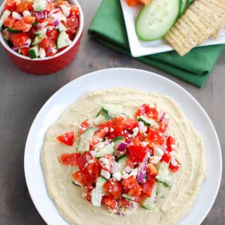 Hummus, veggies and feta in every bite makes this Greek Hummus Plate the perfect party appetizer or afternoon snack.