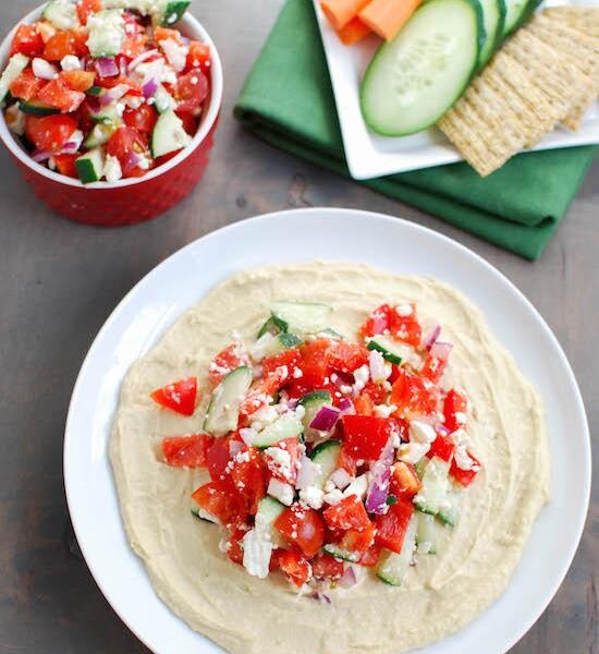 Hummus, veggies and feta in every bite makes this Greek Hummus Plate the perfect party appetizer or afternoon snack.