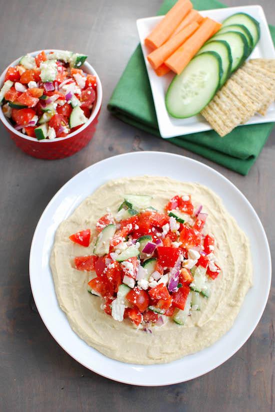 Hummus, veggies and feta in every bite makes this Greek Hummus Plate the perfect party appetizer or afternoon snack.