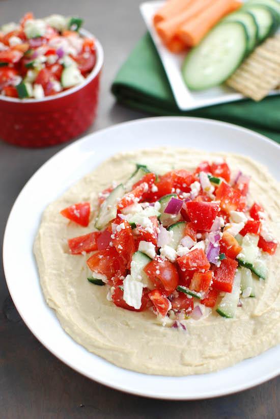 Hummus, veggies and feta in every bite makes this Greek Hummus Plate the perfect party appetizer or afternoon snack.