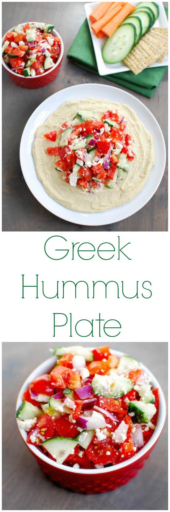 Hummus, veggies and feta in every bite makes this Greek Hummus Plate the perfect party appetizer or afternoon snack.
