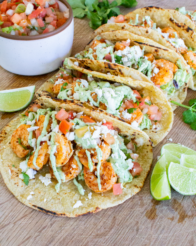 Spicy Shrimp Tacos 6 spicy shrimp tacos with avocado crema