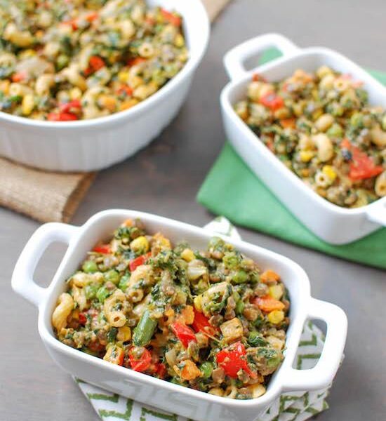 A childhood favorite kicked up a notch! This Lentil Macaroni and Cheese is packed with vegetables and lentils for a hearty vegetarian meal.