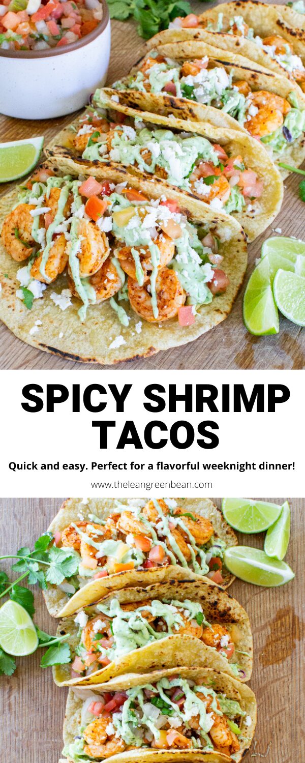 Spicy Shrimp Tacos 10 Try these spicy shrimp tacos for a quick weeknight dinner. Full of spicy shrimp, cabbage slaw and a flavorful avocado cilantro sauce, this recipe works for tacos, bowls and more!