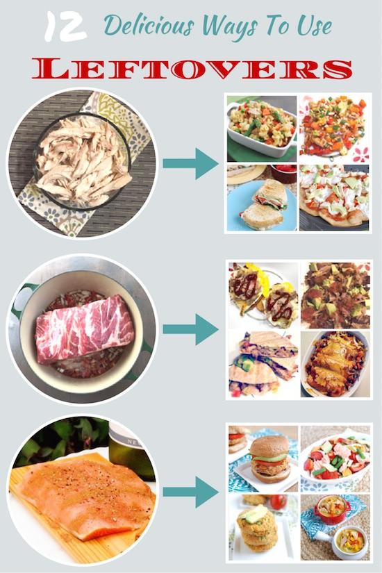 Looking for some ways to use leftovers? Here are 12 ideas for repurposing leftover chicken, pork and salmon!