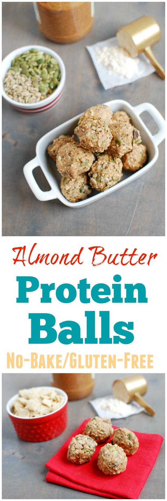 These Almond Butter Protein Balls are a gluten-free, no-bake snack recipe that's great to have on hand for a busy afternoon or to help refuel post-workout!