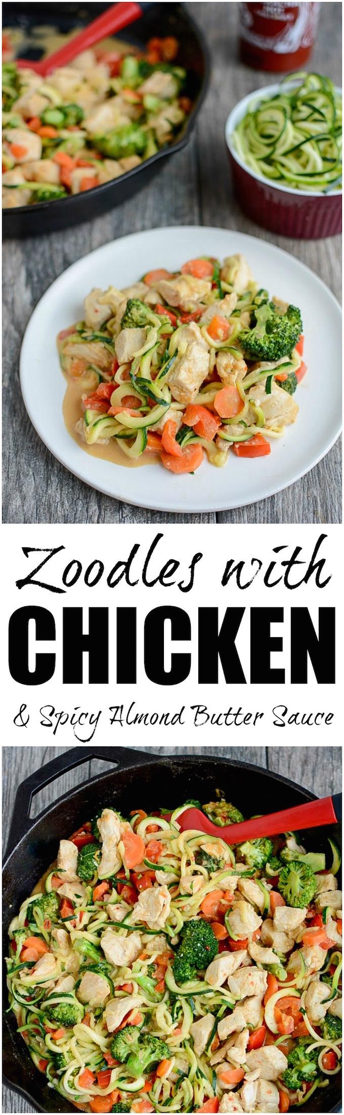 This recipe for Zoodles with Chicken and Spicy Almond Butter Sauce is low-carb, high in protein and makes veggies flavorful and fun to eat!