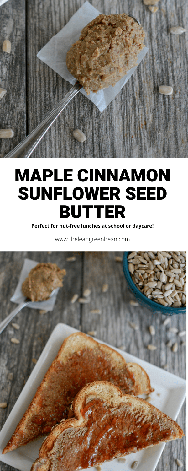 This Maple Cinnamon Sunflower Seed Butter is nut-free, allergy-friendly and a fun way to change things up from traditional nut butter. Easy to make at home and perfect for nut-free schools and daycares.