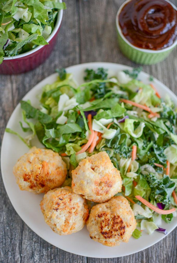 Paleo Turkey Sweet Potato Meatballs with bbq sauce and salad