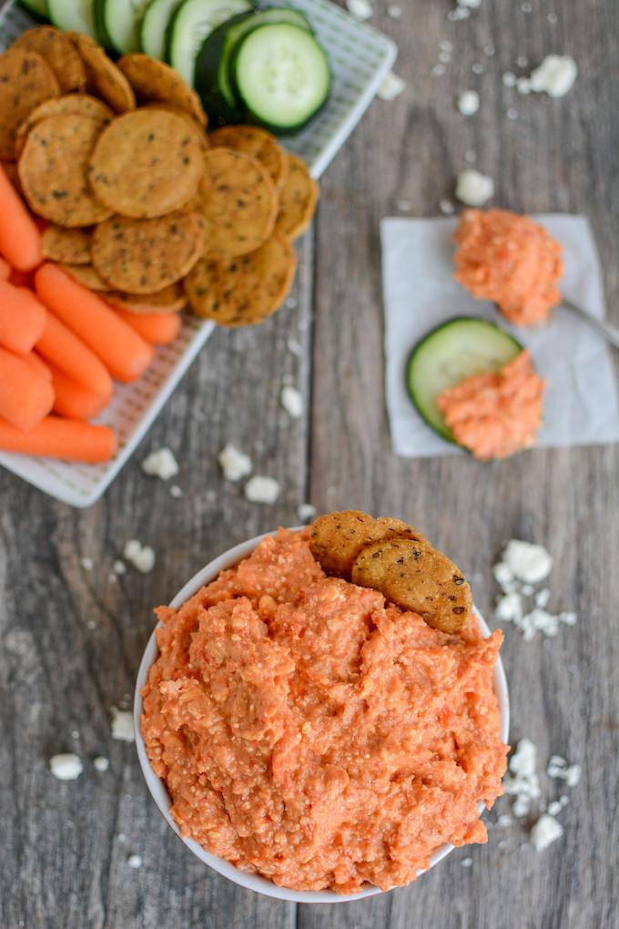 Bowl of spicy red pepper feta dip