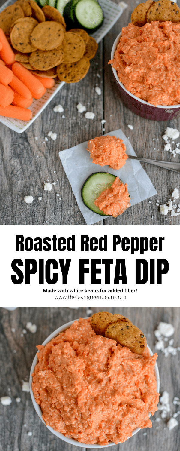 This Spicy Red Pepper Feta Dip recipe is the perfect party appetizer. Made with beans for added fiber, it's full of flavor and tastes great with crackers or vegetables!