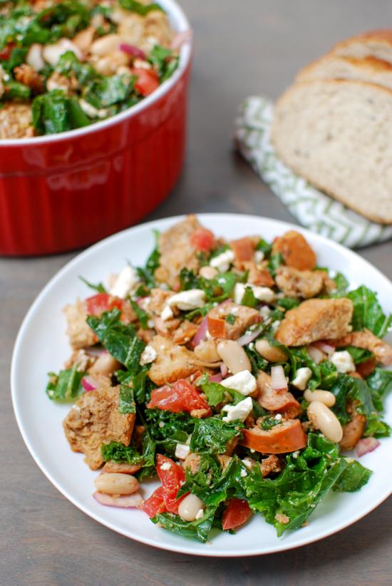 This recipe for no-cook Kale Panzanella with Chicken Sausage comes together quickly and tastes great! Make a batch to enjoy for lunch all week long. 