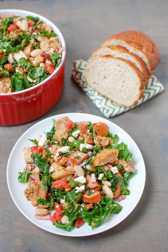 This recipe for no-cook Kale Panzanella with Chicken Sausage comes together quickly and tastes great! Make a batch to enjoy for lunch all week long. 