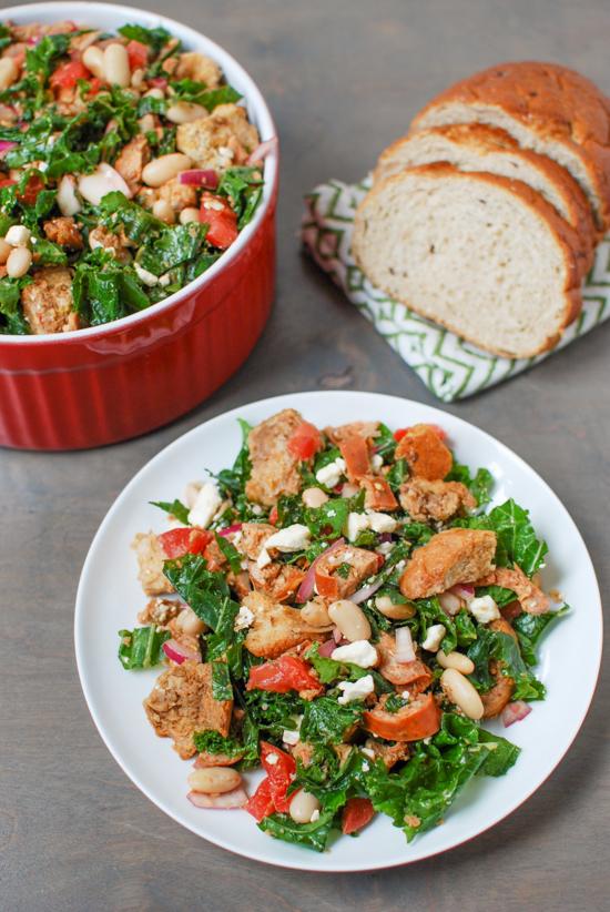 This recipe for no-cook Kale Panzanella with Chicken Sausage comes together quickly and tastes great! Make a batch to enjoy for lunch all week long. 