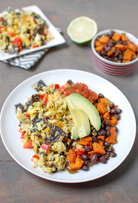 Tex-Mex Migas are a simple, vegetarian recipe, perfect for breakfast or dinner. Add a simple sweet potato and black bean hash for extra protein and fiber!