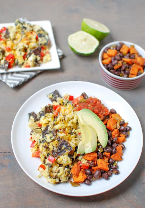 Tex-Mex Migas are a simple, vegetarian recipe, perfect for breakfast or dinner. Add a simple sweet potato and black bean hash for extra protein and fiber!