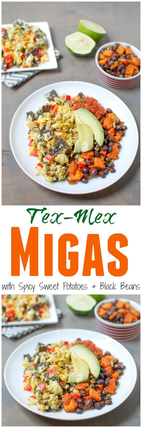 Tex-Mex Migas are a simple, vegetarian recipe, perfect for breakfast or dinner. Add a simple sweet potato and black bean hash for extra protein and fiber!