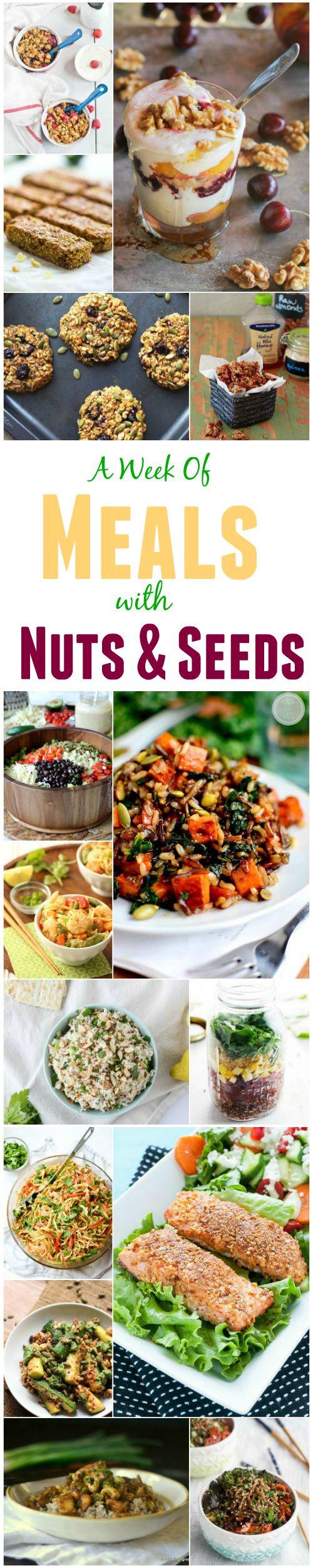 A Weekly Meal Plan with recipes that include nuts and seeds. Ideas for breakfast, lunch and dinner!