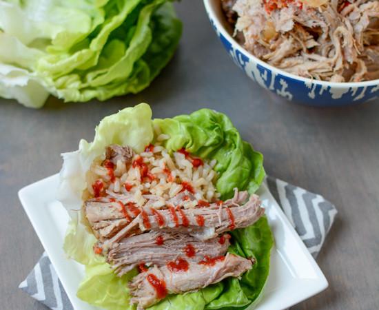 This Slow Cooker Asian Pulled Pork in lettuce wraps with rice for a quick dinner!