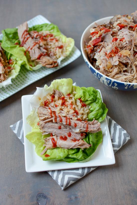 Serve this Slow Cooker Asian Pulled Pork in lettuce wraps with rice for a quick dinner!