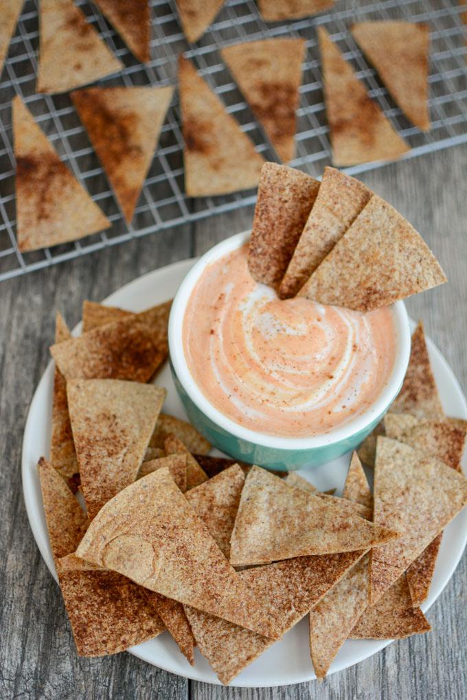 Pumpkin Yogurt Dip with Cinnamon Sugar tortilla chips