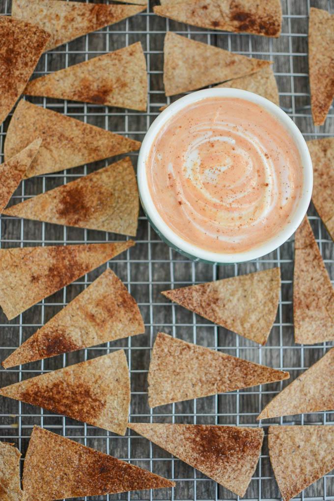 Pumpkin Yogurt Dip with homemade cinnamon sugar tortilla chips