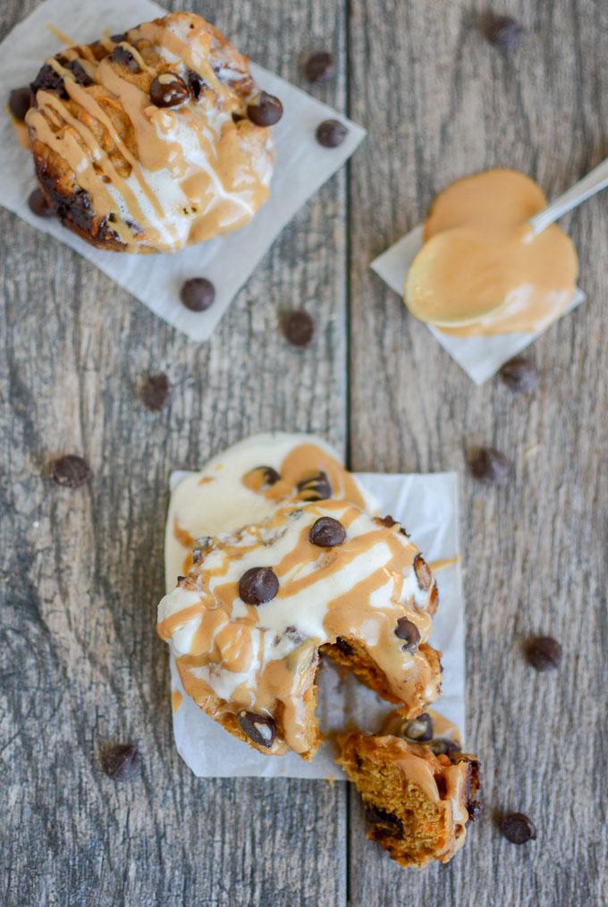 Microwave Sweet Potato Mug Cake Topped with ice cream and drizzled with peanut butter