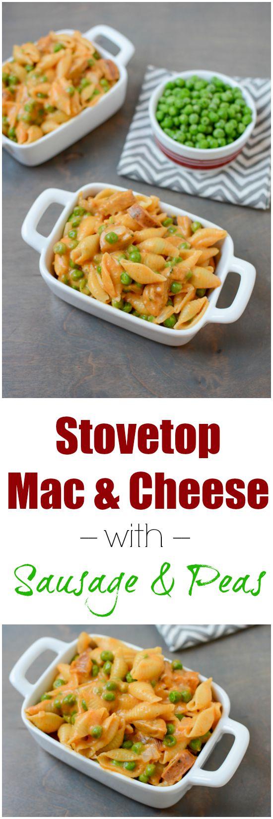 This recipe for Stovetop Mac and Cheese with Sausage and Peas is quick, easy and kid-friendly. Perfect for dinner on a busy night!