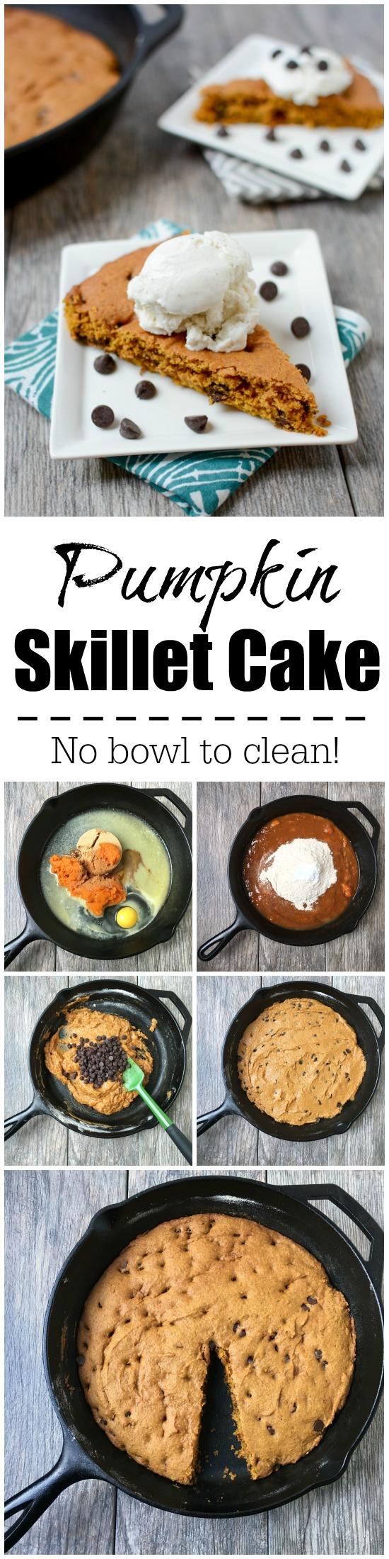 No mixing bowl required for this Pumpkin Skillet Cake! You can make the whole thing right in the skillet. Light, fluffy and easy to make, it's the perfect fall dessert recipe!